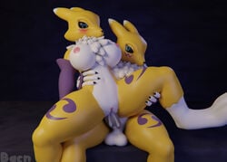 2019 3d abstract_background anthro areola bacn balls big_breasts black_sclera blue_eyes blush breasts cum cum_in_pussy cum_inside digimon digimon_(species) duo female fur mammal nipples nude penetration penis pussy renamon renamon_(bacn) sex sitting spread_legs spreading thick_thighs vaginal_penetration yellow_fur