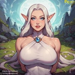 ai_generated ass big_breasts bimbo blue_eyes cleavage curvaceous curvy cute dress elf elf_ears elf_female fantasy female female_only large_ass large_breasts light-skinned_female light_skin moon moonlight pale-skinned_female pale_skin partially_clothed pool proxyaiart solo vaeri