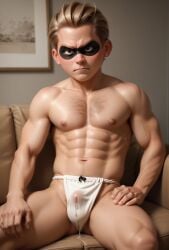 1boy ai_generated angry angry_face blonde_hair blonde_male chest chest_hair dash_parr disney eye_mask fundoshi fundoshi_only looking_at_viewer male male_focus male_only manly mask mask_only masked masked_male muscle muscles muscular muscular_male pecker_tracks pixar precum precum_drip precum_through_clothing sitting six_pack sofa solo solo_focus solo_male teen_boy teenager the_incredibles underwear wet
