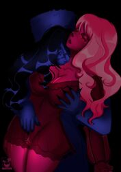 2girls blue_body breast_grab breasts claws fingering inconfortable red_body vampire yuri