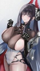 absurdres alvitr_(azur_lane) azur_lane black_gloves black_hair black_shirt blush breasts closed_mouth clothes_pull commentary_request covered_navel covered_nipples fake_horns female gloves highleg highleg_leotard highres horns huge_breasts latex latex_gloves leotard long_hair looking_at_viewer namazake red_eyes red_horns shirt sideboob sideless_outfit smile solo upper_body very_long_hair white_leotard