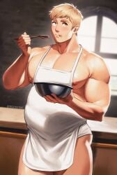 apron apron_only bara bara_tiddies bara_tits barazoku biceps blush chubby chubby_belly chubby_cheeks chubby_male cooking dad_bod digital_painting_(artwork) dungeon_meshi himbo laios_touden male_focus male_only muscular_male ngreentail no_visible_genitalia pecs pinup safe_for_work solo_male strongfat suggestive suggestive_look