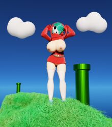 1girls 3d 3d_(artwork) arms_up breasts breasts_out breasts_out_of_clothes day female female_only fossil3d light-skinned_female light_skin mario_(series) nintendo open_clothes pussy pussy_peek shy_gal shy_gal_red solo tagme warp_pipe