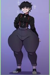 black_hair clothed cross_earrings fangs femboy goth huge_ass sharp_teeth standing tagme thick_thighs wide_hips