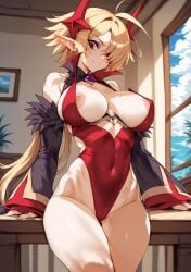 1girls 2d ai_generated big_breasts big_thighs blonde_hair demon demon_girl demon_tail detached_sleeves disgaea disgaea_rpg indoors leotard lucy_(disgaea_rpg) nipples nippon_ichi_software red_eyes red_leotard solo solo_female tagme window