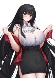 absurdres alvitr_(azur_lane) alvitr_(muspel's_torrid_secrets)_(azur_lane) ascot azur_lane backless_shirt bare_shoulders black_hair black_skirt blush bow bowtie breasts commentary_request covered_navel female highres jacket large_breasts long_hair looking_at_viewer miniskirt off_shoulder official_alternate_costume open_clothes open_jacket pencil_skirt red_eyes red_jacket shirt shirt_tucked_in sideboob sideless_outfit simple_background skirt solo ueyama_0clock very_long_hair white_ascot white_background white_bow white_bowtie white_shirt