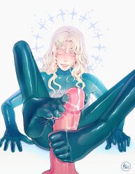 blonde_hair blonde_hair_male blue_latex closed_eyes cum femboy footjob gay latex latex_clothing latex_suit long_hair long_hair_male male_only turquoise_latex