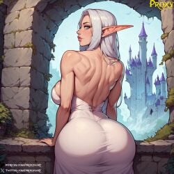 ai_generated ass big_breasts bimbo blue_eyes cleavage curvaceous curvy cute dress elf elf_ears elf_female fantasy female female_only large_ass large_breasts light-skinned_female light_skin moon moonlight pale-skinned_female pale_skin partially_clothed pool proxyaiart solo vaeri