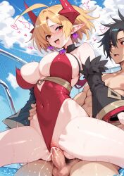 1boy 1girls 2d ai_generated big_breasts blonde_hair day detached_sleeves disgaea disgaea_rpg earrings leotard lucy_(disgaea_rpg) nippon_ichi_software outdoor_sex outdoors pointy_ears pool red_eyes red_leotard sex tagme vaginal_penetration vaginal_sex