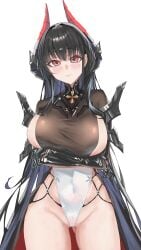 absurdres alvitr_(azur_lane) arms_under_breasts ass_visible_through_thighs azur_lane black_cape black_hair black_shirt blunt_bangs breasts cape closed_mouth commentary covered_navel cowboy_shot crossed_arms elbow_gloves female gloves groin headgear highres horns large_breasts leotard light_blush long_hair looking_at_viewer nyan_(kuro_nyan01) red_eyes shirt sideboob sideboob_cutout sidelocks simple_background skindentation smile solo standing taut_clothes taut_shirt thighs very_long_hair waist_cape white_background white_leotard