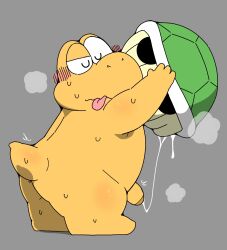 2024 anthro biped blush bodily_fluids closed_eyes cum gayousi7 genital_fluids genitals green_koopa_troopa hi_res kemono koopa koopa_troopa male nintendo penis scalie simple_background slightly_chubby solo super_mario_bros. sweat tongue tongue_out