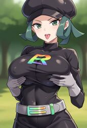 ai_generated arms_on_breasts belt big_breasts breast_grab civitai gloves grabbing_own_breast green_eyes green_hair large_breasts pokemon rocket_grunt tongue_out