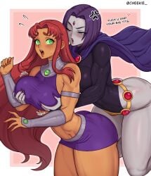 2girls alien_human alternate_breast_size artist_name breast_envy cheekie0 dc dc_comics detective_comics english_text female female_only gray_skin human koriand'r multiple_girls rachel_roth raven_(dc) raven_(teen_titans) starfire starfire_(teen_titans) tagme tan-skinned_female tan_skin teen_titans text twitter_link yuri