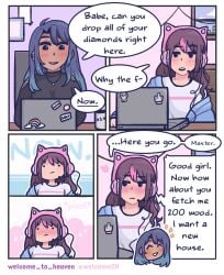 2girls blue_hair blush brown_hair comic dialogue dominant_female emma_(welcome_to_heaven) english_text female/female femdom femsub gaming headphones indoors laptop pink_hair sasha_(welcome_to_heaven) speech_bubble submissive_female trans_woman_(lore) two_tone_hair welcome_to_heaven yuri