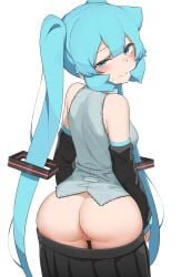 1girls abmayo aqua_eyes aqua_hair ass big_ass bottomless detached_sleeves female female_focus hatsune_miku looking_at_viewer looking_back medium_breasts plump shirt skirt skirt_down solo standing thick_thighs twintails vocaloid wide_hips