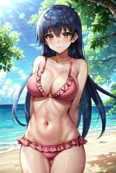 abdomen ai_generated beach_background bikini blair_flannigan blue_hair blush breasts female hi_res looking_at_viewer navel saotome_rei sephiaton955 teenager yellow_eyes yu-gi-oh! yu-gi-oh!_gx