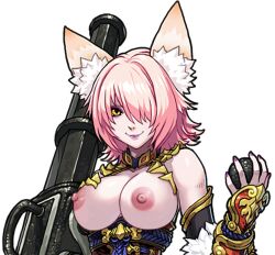 1girls breasts devil_slayer_-_raksasi fox_ears fox_girl large_breasts nipples no_sex nude_edit nude_filter pink_hair tagme tindra_(dsr) weapon