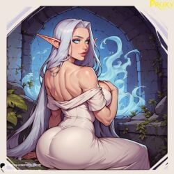 ai_generated big_breasts bimbo blue_eyes cleavage curvaceous curvy cute dress elf elf_ears elf_female fantasy female female_only large_breasts light-skinned_female light_skin moon moonlight pale-skinned_female pale_skin partially_clothed pool proxyaiart solo vaeri