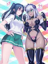 1girls 2girls ? ?? absurdres ass_visible_through_thighs bare_midriff bare_thighs black_hair breasts commission dark-skinned_female dark_skin demon_girl demon_horns demon_tail demon_wings earrings elbow_gloves female female_only fur_trim gloves green_eyes green_skirt grey_hair hands_on_own_hips highres horns jewelry large_breasts long_hair looking_at_another medium_breasts midriff multiple_girls navel nervous nervous_sweating original pixiv_commission pubic_tattoo purple_eyes revealing_clothes ribimura shiny_clothes shiny_skin shirt skirt standing succubus sweat tail tattoo thighhighs thighs two_side_up wavy_mouth white_shirt wings