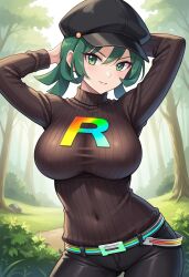 ai_generated arms_behind_head belt big_breasts black_pants civitai green_eyes green_hair knitted_sweater large_breasts pokemon rocket_grunt sweater