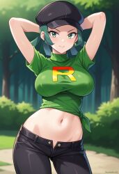 ai_generated arms_behind_head big_breasts black_pants civitai green_eyes green_hair green_shirt large_breasts pokemon rocket_grunt