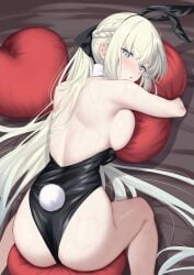 absurdres ass back bare_shoulders black_bow blue_eyes blush bow braid breasts bunnysuit fate/grand_order fate_(series) female grey_hair hairbow half_up_braid highres large_breasts leotard long_hair looking_at_viewer looking_back morgan_le_fay_(fate) okuma707 playboy_bunny ponytail sidelocks solo thighs very_long_hair