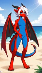 1girls 2024 ai_generated anthro ass_visible_through_thighs beach black_claws black_horns blue_body blue_eyes blue_scales digitigrade dragon dragon_girl dragon_horns dragon_tail dragon_wings ear_piercing female female_only hi_res innie_pussy looking_at_viewer mythological_creature mythological_scalie mythology nude nude_female outdoors pussy red_body red_scales scalie sea short_hair smile sun touching_pussy white_hair wing_spikes wings yodayo