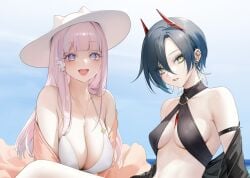 2girls animal_hat armlet azur_lane barbell_piercing bare_shoulders bikini black_hair black_hair_female blue_sky blunt_bangs breasts cat_hat chest_jewel cleavage clover_hair_ornament collarbone criss-cross_halter day daylight daytime ear_piercing earrings eyelashes flower flower-shaped_pupils gem hair_between_eyes hair_flower hair_ornament halterneck hat highres horns industrial_piercing iron_blood_(azur_lane) jewelry large_breasts legs long_bangs long_hair looking_at_viewer mechanical_horns medium_breasts multicolored_hair multiple_females multiple_girls necklace ohisashiburi open_mouth open_mouth_smile outdoor outdoors outside parted_lips petite petite_body petite_breasts petite_female piercing pink_eyebrows pink_eyes pink_eyes_female pink_hair pink_hair_female plug_(piercing) plymouth_(azur_lane) purple_eyes red_gemstone red_horns royal_navy_(azur_lane) short_hair skinny skinny_female skinny_girl skinny_waist sky slender_body slender_waist slim_girl slim_waist small_breasts smile spiked_armlet straight_hair streaked_hair sun_hat swimsuit symbol-shaped_pupils teeth thin_waist tongue ulrich_von_hutten_(azur_lane) upper_teeth white_bikini yellow_eyes yellow_eyes_female