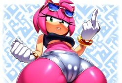 ai_generated amy_rose annoyed between_legs black_bra cameltoe female female_only fur furry grimace hi_res highres hotpants looking_at_viewer looking_down low-angle_view medium_breasts middle_finger novelai sega shiny_clothes short_shorts silver_shorts sneer sonic_(series) sonic_the_hedgehog_(series) sports_bra sunglasses sunglasses_on_head thick_thighs underboob wallpaper wide_hips