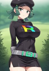 ai_generated arms_behind_back belt big_breasts civitai gloves green_eyes green_hair large_breasts pokemon rocket_grunt team_rainbow_rocket