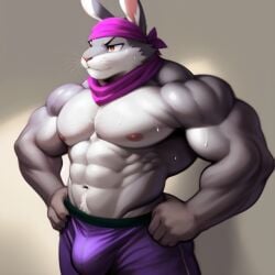 ai_generated brutal_paws_of_fury bulge frosting.ai furry gay kung-fu_bunny male_only muscular muscular_male rabbit sugar1989 sweat