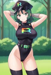 ai_generated arms_behind_head big_breasts civitai green_eyes green_hair large_breasts pokemon rocket_grunt