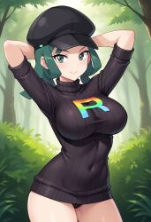 ai_generated arms_behind_head big_breasts civitai green_eyes green_hair large_breasts pokemon rocket_grunt