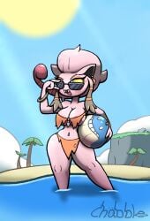 beach bikini chabble loincloth palm_tree palm_trees pink_hair pink_nipples pink_skin pokemon pokemon_(species) pokemon_sv professor_sada_(pokemon) scream_tail sunglasses