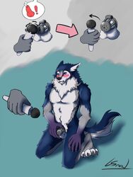 2019 albax anthro balls blush canid canine canis chastity chastity_cage edging fur hi_res hitachi_magic_wand lynnsnowmew male mammal muscular nude open_mouth orgasm_denial penis sex_toy simple_background submissive_male vibrator wolf worg