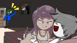 2d 2d_(artwork) angry angry_face angry_person clothed clothed_female cute eye_contact eyelashes female_focus female_human happy happy_female leghast legs long_hair love male male/female miewi_ente nervous nervous_male no_nose perfect_body purple_eyes purple_hair room self_upload sitting sitting_on_person smile tuubaa youtube youtuber youtuber_girl