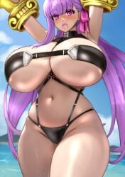 absurdres bare_shoulders bikini black_bikini blush breasts claws cleavage collar cosplay fate/extra fate/extra_ccc fate/grand_order fate_(series) female gigantic_breasts goddess_of_victory:_nikke hair_ribbon highres long_hair looking_at_viewer open_mouth passionlip_(fate) pink_eyes pink_ribbon purple_hair raskasar ribbon rosanna_(chic_ocean)_(nikke) rosanna_(chic_ocean)_(nikke)_(cosplay) solo swimsuit very_long_hair