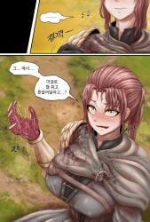 1boy 1girls big_breasts blush cum_on_face cumshot elden_ring female fromsoftware handjob korean_commentary korean_text millicent_(elden_ring) nipple_bulge nipples_visible_through_clothing powpill red_hair tarnished