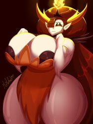 1girls areolae big_breasts breast_press breasts busty clothing demon demon_girl dress female female_only hair_over_one_eye hekapoo horns huge_breasts large_breasts leggings legwear mrmelted no_bra png red_hair red_head solo star_vs_the_forces_of_evil thick_thighs white_skin wide_hips