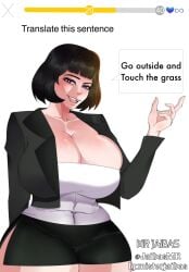 1girls asian asian_female big_breasts big_breasts big_breasts black_eyelashes black_eyes black_hair black_hair_female black_jacket black_skirt blunt_bangs breasts breasts breasts chinese chinese_female chinese_text cleavage collarbone commentary copyright_request cropped_jacket dialog dialogue duolingo english_commentary english_dialogue english_text eyebrows_visible_through_hair female female_focus female_only gigantic_breasts hair_between_eyes highres hourglass_figure huge_boobs huge_breast huge_breasts huge_breasts jacket large_boobs large_breasts large_tits light-skinned_female light_skin long_sleeves looking_at_viewer massive_boobs massive_breasts massive_tits meme mr_jaibas oc open_clothes open_jacket open_mouth original_character pointy_chin shirt short_hair simple_background skindentation skirt smile solo speech_bubble teeth text text_bubble the_glass_girl the_glass_girl_(duolingo) the_glass_girl_(original_character) touch_grass_(meme) upper_teeth_only white_background white_shirt