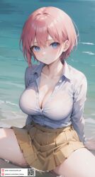 ai_generated beach blue_eyes blush breasts brown_skirt cleavage closed_mouth collarbone collared_shirt dmk_meow dress_shirt fanbox_username female go-toubun_no_hanayome hair_between_eyes large_breasts long_sleeves looking_at_viewer miniskirt nakano_ichika ocean outdoors partially_unbuttoned patreon_username pink_hair pleated_skirt school_uniform shirt shirt_tucked_in short_hair sitting skirt solo spread_legs thighs water white_shirt yellow_skirt