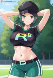 ai_generated arms_behind_head big_breasts civitai green_eyes green_hair large_breasts pokemon rocket_grunt