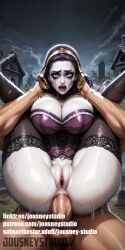 1boy ahe_gao ai_generated anal anus ass bottomless breasts bustier cleavage clothing corset english_text female folded full_nelson head_grab jousneystudio large_breasts league_of_legends liliana_vess lipstick long_hair magic:_the_gathering makeup male manly open_mouth outdoors pale_skin penis purple_eyes purple_hair reverse_suspended_congress saliva sex sex_from_behind spread_legs straight tears testicles thighhighs uncensored vagina vaginal_penetration