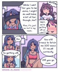 2girls black_nails blue_hair blush blushing bra brown_hair cat_tail comic computer_monitor dialogue discord_(app) dominant_female drooling emma_(welcome_to_heaven) english_text female/female femdom femsub gaming headphones indoors owo panties pink_hair pink_highlights sasha_(welcome_to_heaven) sparkling_eyes speech_bubble stripping submissive_female taking_clothes_off trans_woman_(lore) two_tone_hair underwear welcome_to_heaven yuri