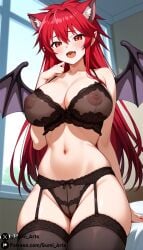 :3 ai_generated bed bedroom blush breasts cleavage demon_wings garter_straps gumi_arts itadaki!_seieki large_breasts lingerie long_hair looking_at_viewer navel nipples open_mouth red_eyes red_hair see-through setogaya_mari stable_diffusion teeth thick_thighs thighhighs wings