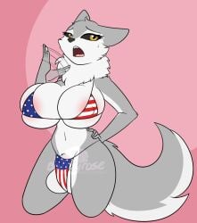 american_flag_bikini anthro balls big_balls big_breasts bikini black_sclera breasts cleavage clothed clothing dativyrose flaccid furry furry_only futanari huge_breasts mostly_nude solo standing tagme thick_thighs wide_hips