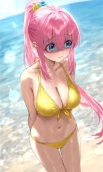 1girls ai_generated beach belly_button bikini blue_eyes blush bocchi_the_rock! breasts busty cleavage cube_hair_ornament curvy female gotou_hitori human large_breasts pink_hair ponytail shy wet wet_body young