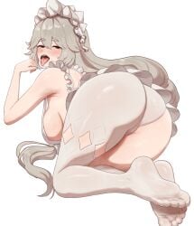 absurdres alexandrina_sebastiane ass asymmetrical_legwear blush breasts brikot feet female from_behind full_body grey_hair hair_between_eyes highres large_breasts long_hair looking_at_viewer looking_back maid_headdress no_shoes open_mouth red_eyes single_leg_pantyhose solo tongue tongue_out uneven_legwear victoria_housekeeping zenless_zone_zero