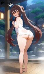 1girls ai_generated ass ass_focus brown_hair female genshin_impact holding_towel hot_spring hoyoverse hu_tao_(genshin_impact) lay-oreo legs long_hair looking_at_viewer looking_back_at_viewer red_eyes shocked_expression small_breasts symbol-shaped_pupils tagme thick_thighs towel twintails