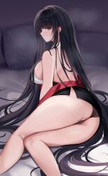 absurdres alvitr_(azur_lane) alvitr_(muspel's_torrid_secrets)_(azur_lane) ass azur_lane backless_shirt bare_legs bare_shoulders black_hair black_panties black_skirt blunt_bangs breasts cameltoe closed_mouth feet_out_of_frame female from_behind hair_over_shoulder heart heart-shaped_pupils highres jacket large_breasts legs long_hair looking_at_viewer lying miniskirt off_shoulder office_lady official_alternate_costume on_side panties partially_visible_vulva red_eyes red_jacket shirt sideboob skirt sleeveless sleeveless_shirt solo sweat symbol-shaped_pupils thighs underwear very_long_hair white_shirt wo_meiyou_mao